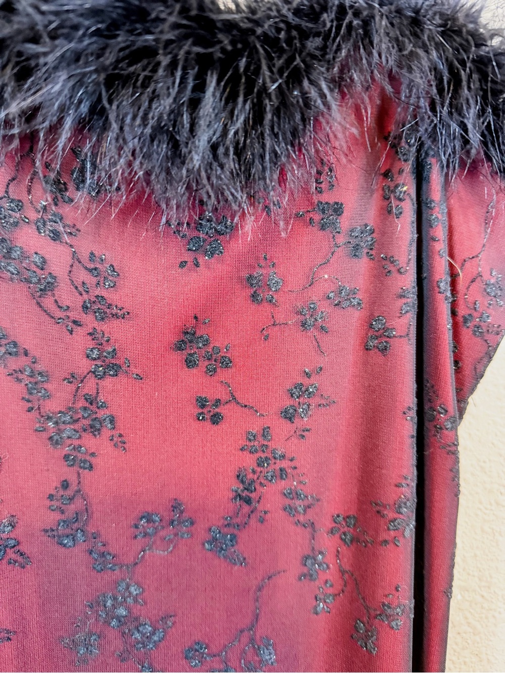 Girls OnlyBurgundy Satin Chemise with Black Lace Overlay w/Marabou Trim. Size L - Picture 3 of 6